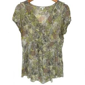 Anthropologie Odille Floral Wind Tossed Wildflowers Silk Green Ruffle Top Size 6